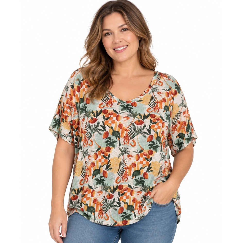 C&C California Women 3X Linen Tropical Toucan Lobster Print V-Neck Top Multi